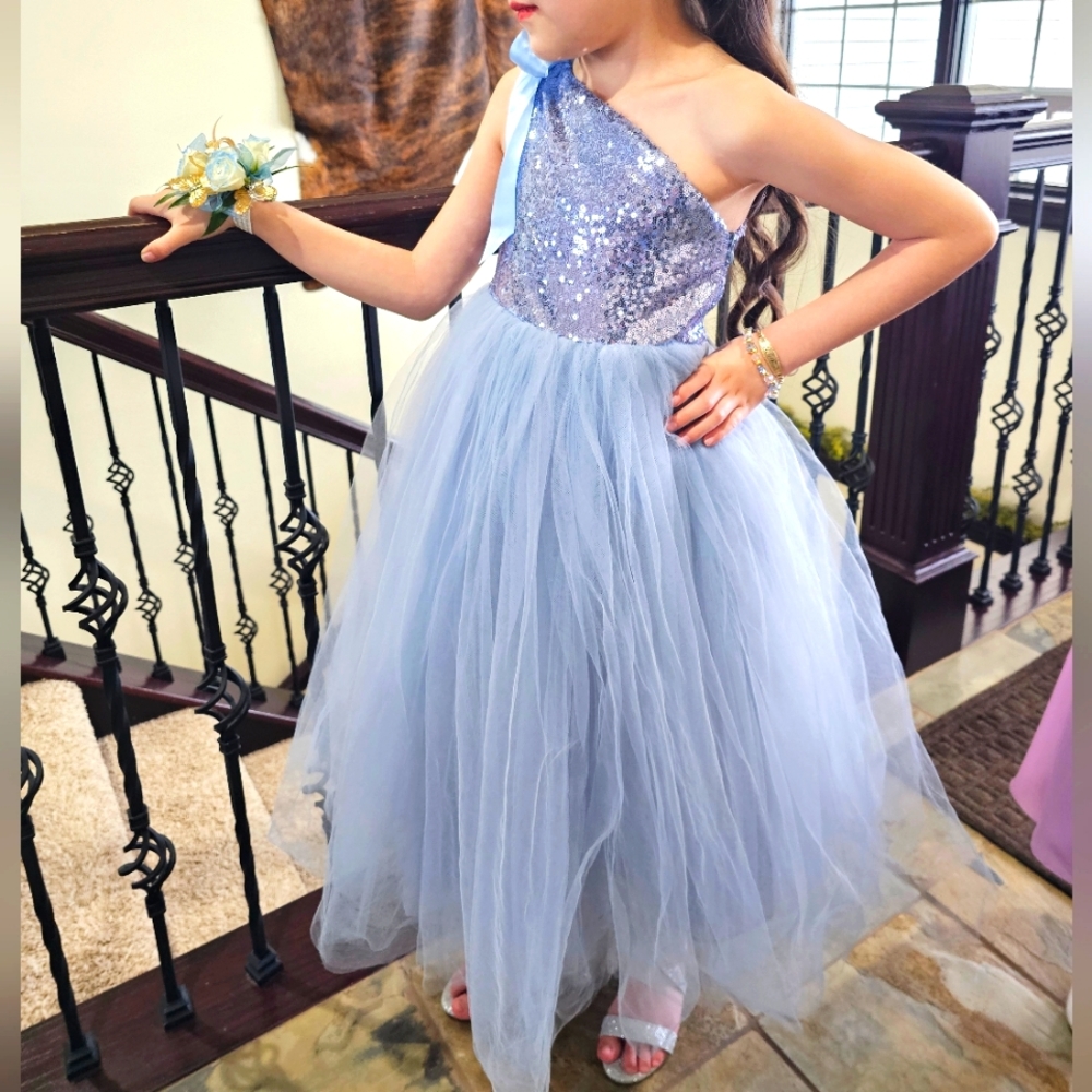 One Shoulder Sequin Tulle Gown